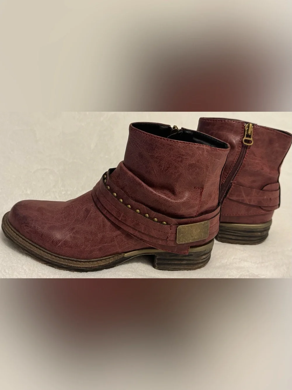 French Blu Women's Burgundy Leather Ankle Boots Studded Strap Size 6.5 / EU 37